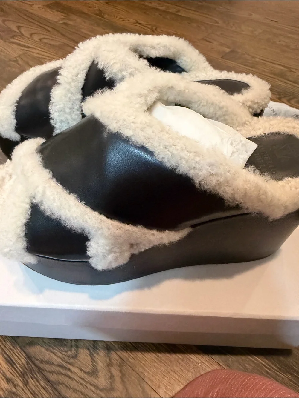 BRUNELLO CUCINELLI Leather Open Toed Wedges with Shearling